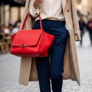 Auth CELINE Trapeze Small Red Leather Suede Womens Handbag